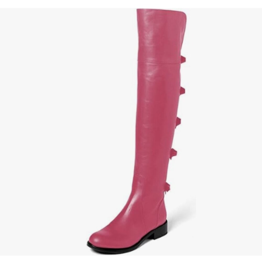XYD Women Over The Knee Thigh High Riding Boots Chunky Heel Round Toe Pink Shoes